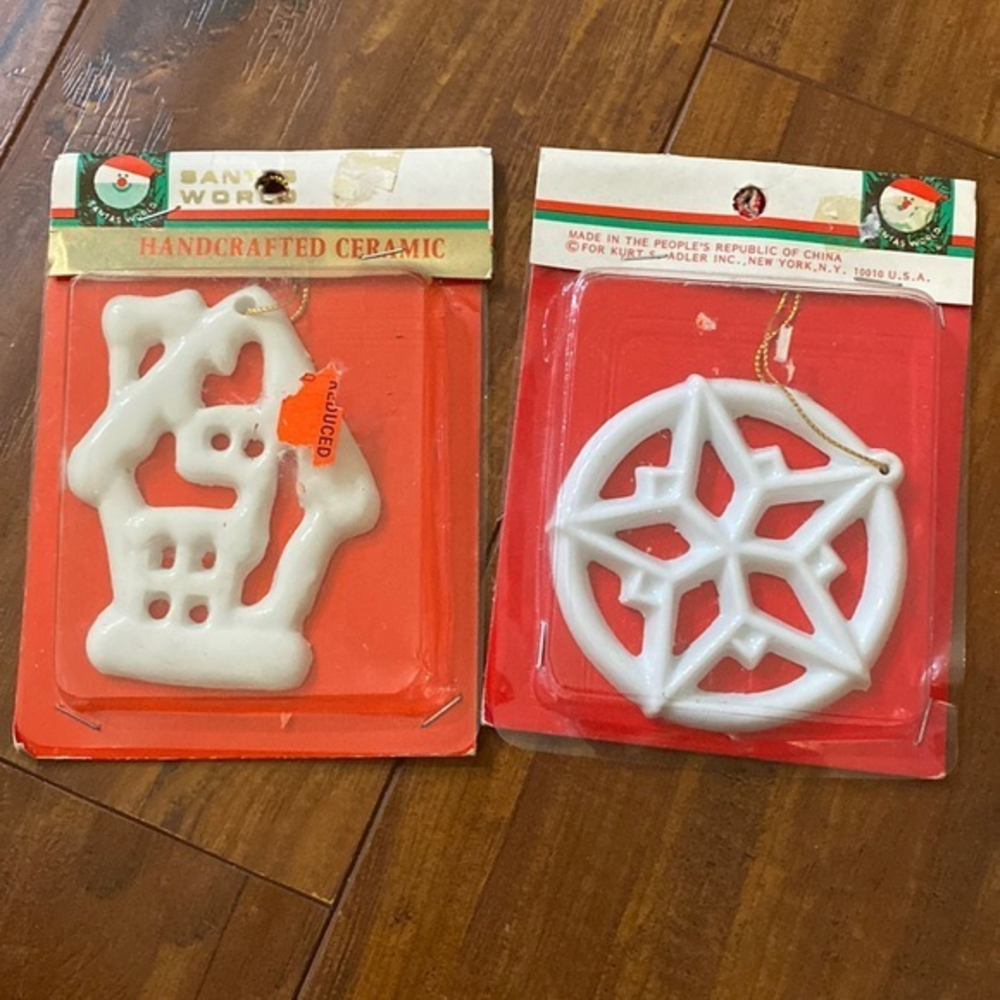 Vintage Kurt S Adler Ceramic Christmas Ornaments Snowflake House NOS Pair
